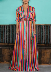 Fashion Rainbow Striped Button Tie Waist Maxi Shirts Dresses Summer