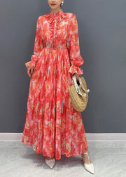 Fashion Red Stand Collar Print Sashes Chiffon Long Dress Long Sleeve