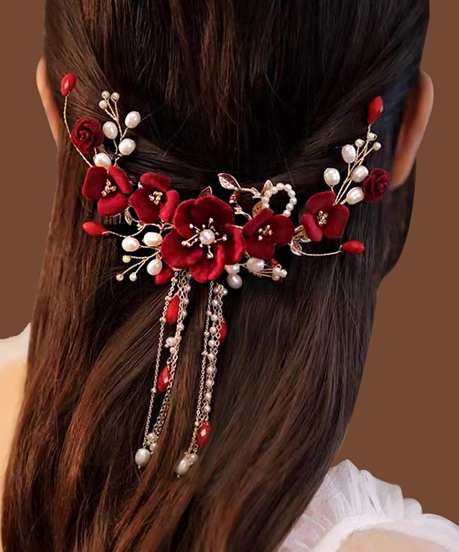 Fashion Red Sterling Silver Overgild Pearl Floral Tassel Hairpin