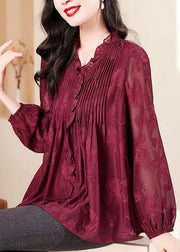 Fashion Red V Neck Ruffled Chiffon Shirt Long Sleeve