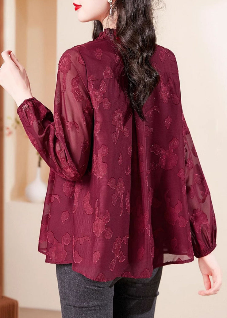 Fashion Red V Neck Ruffled Chiffon Shirt Long Sleeve