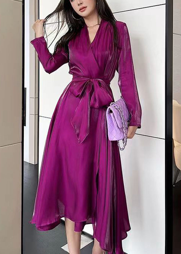 Fashion Rose V Neck Tie Waist Silk Long Dress Spring