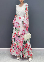 Fashion White O-Neck Ruffled Patchwork Tie Waist Chiffon Long Dress Long Sleeve