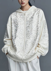 Fashion White Print Zippered Hoodies Fall Outwear