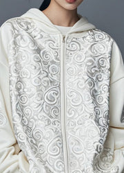 Fashion White Print Zippered Hoodies Fall Outwear