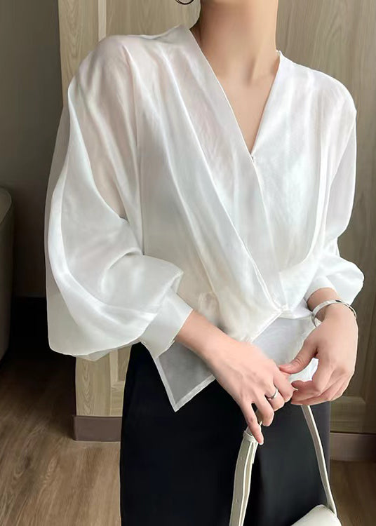 Fashion White V Neck Asymmetrical Silk Thin Shirts Spring