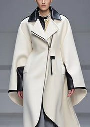 Fashion White Zip Up Patchwork Woolen Trench Coat Fall