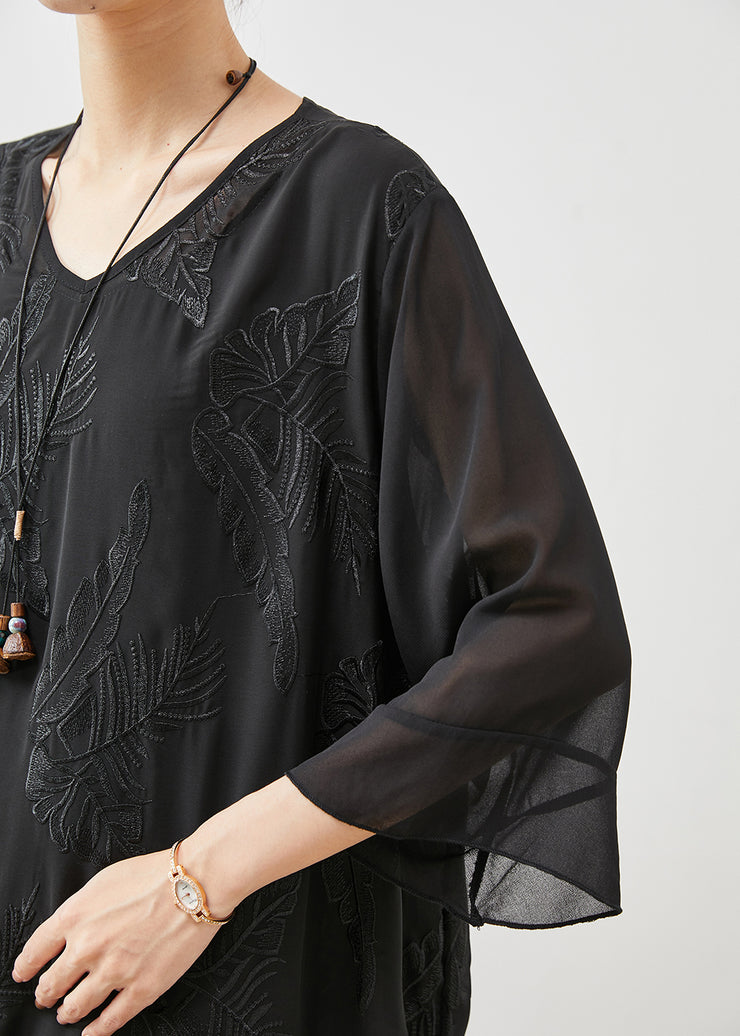 Fine Black Embroidered Chiffon Long Dresses Summer