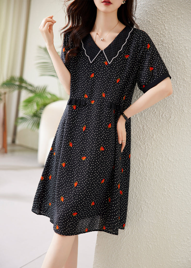 Fine Black Peter Pan Collar Dot Print Chiffon Maxi Dresses Short Sleeve