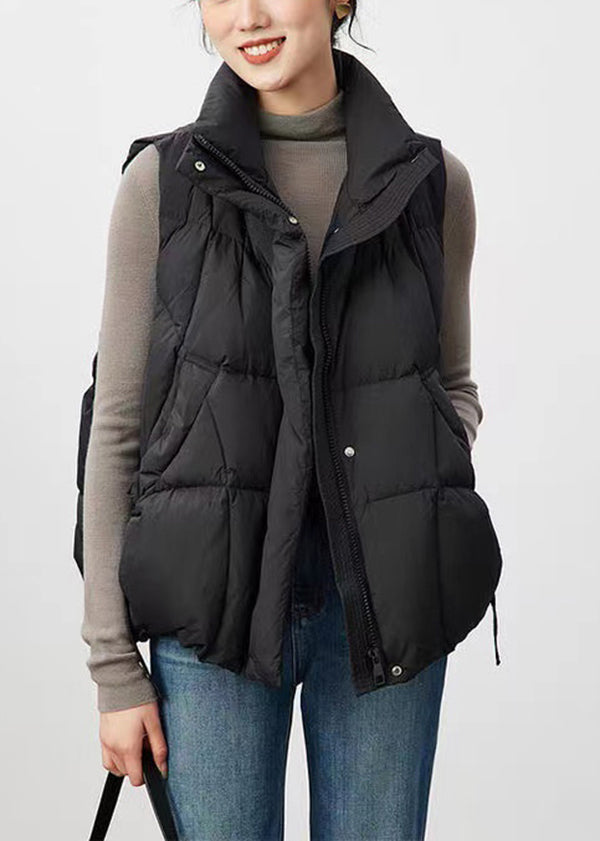 Fine Black Zip Up Pockets Duck Down Warm Vest Sleeveless