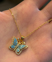 Fine Blue Ancient Dharma Gold Zircon Butterfly Pendant Necklace