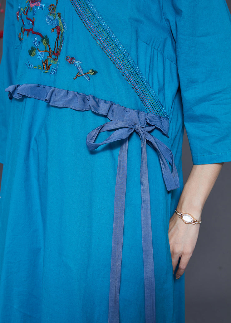 Fine Blue Embroidered Ruffled Linen Dress Summer