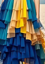 Fine Blue Layered Patchwork Tulle Chiffon Pleated Skirts Summer