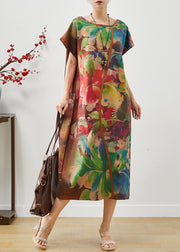 Fine Brown Oversized Patchwork Print Silk Dress Summer