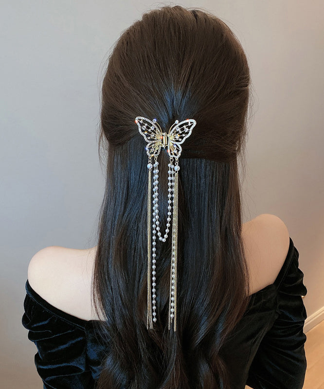 Fine Gold Alloy Zircon Pearl Chain Tassel Hairpin