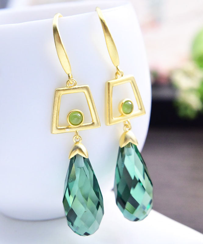 Fine Green Sterling Silver Overgild Inlaid Crystal Jade Drop Earrings