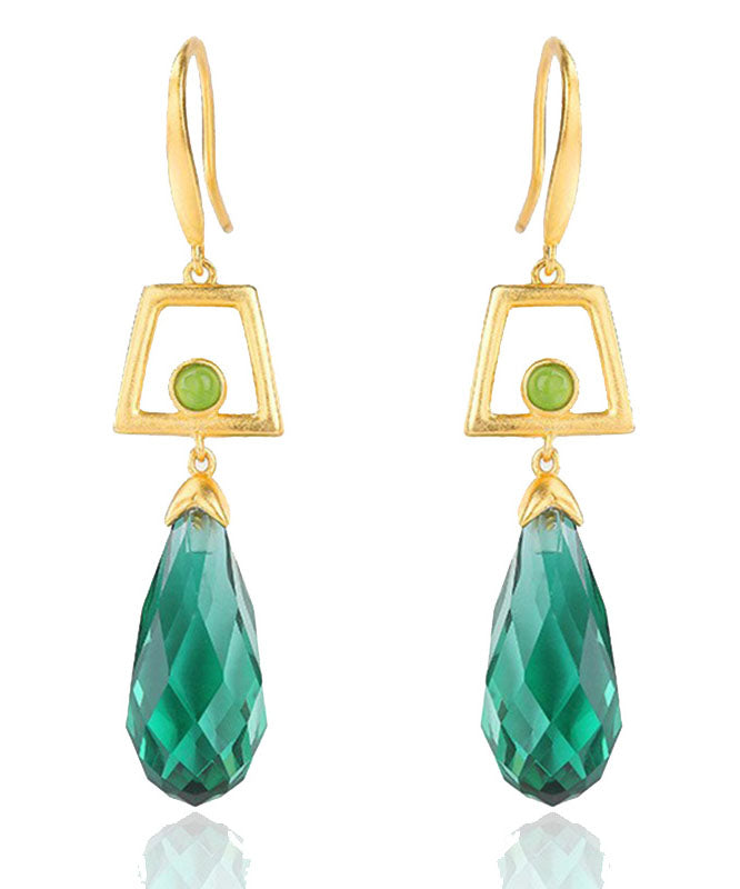 Fine Green Sterling Silver Overgild Inlaid Crystal Jade Drop Earrings