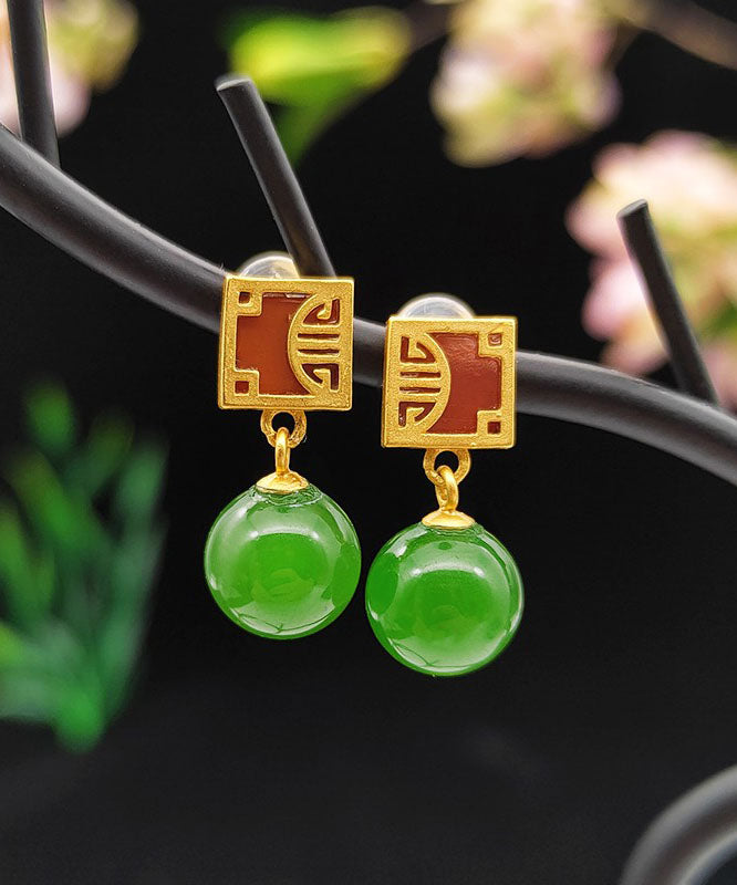 Fine Green Sterling Silver Overgild Jade Drop Earrings