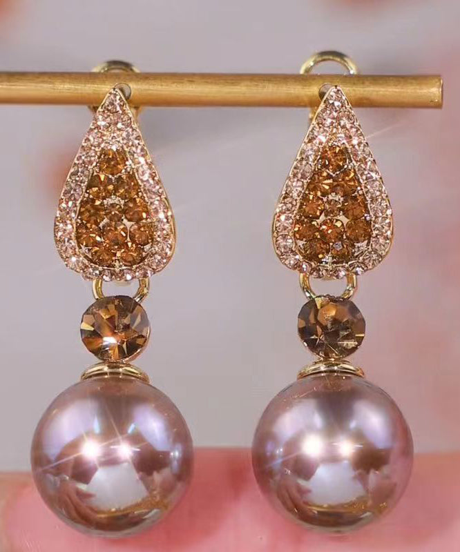 Fine Light Purple Alloy Zircon Inlaid Gem Stone Drop Earrings