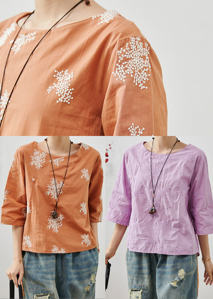 Fine Orange Embroidered Cotton Top Half Sleeve