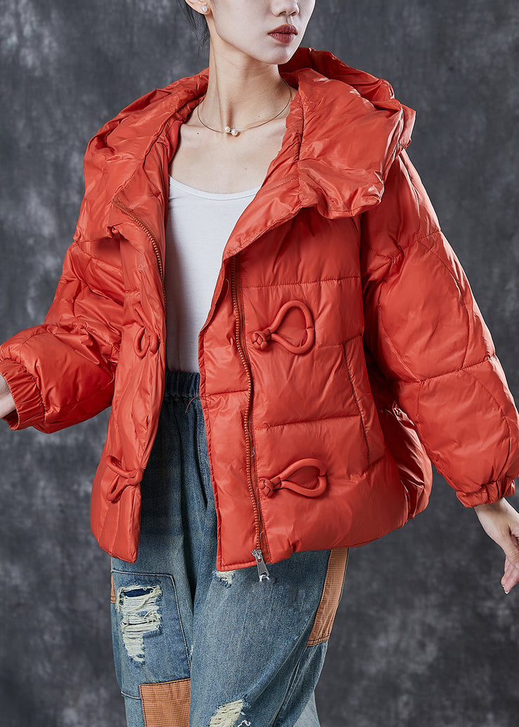 Fine Orange Hooded Drawstring Duck Down Puffer Coat Winter