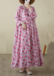 Fine Pink O-Neck Print Patchwork Long Dress Spring