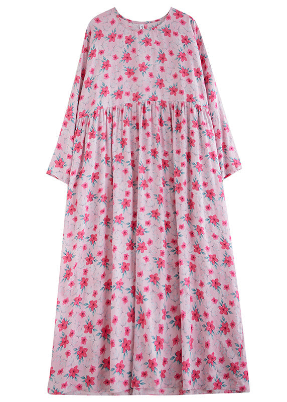 Fine Pink O-Neck Print Patchwork Long Dress Spring