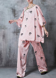 Fine Pink Panda Print Jacquard Silk Oriental Two Piece Set Summer