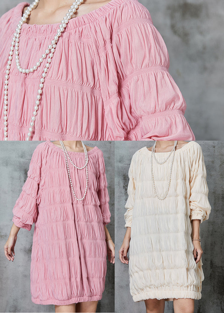 Fine Pink Slash Neck Wrinkled Cotton Mid Dress Spring