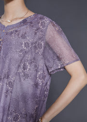 Fine Purple Print Chiffon Holiday Dress Summer