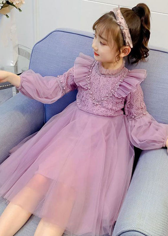 Fine Purple Ruffled Lace PatchworkNail Bead Tulle Girls Maxi Dresses Fall