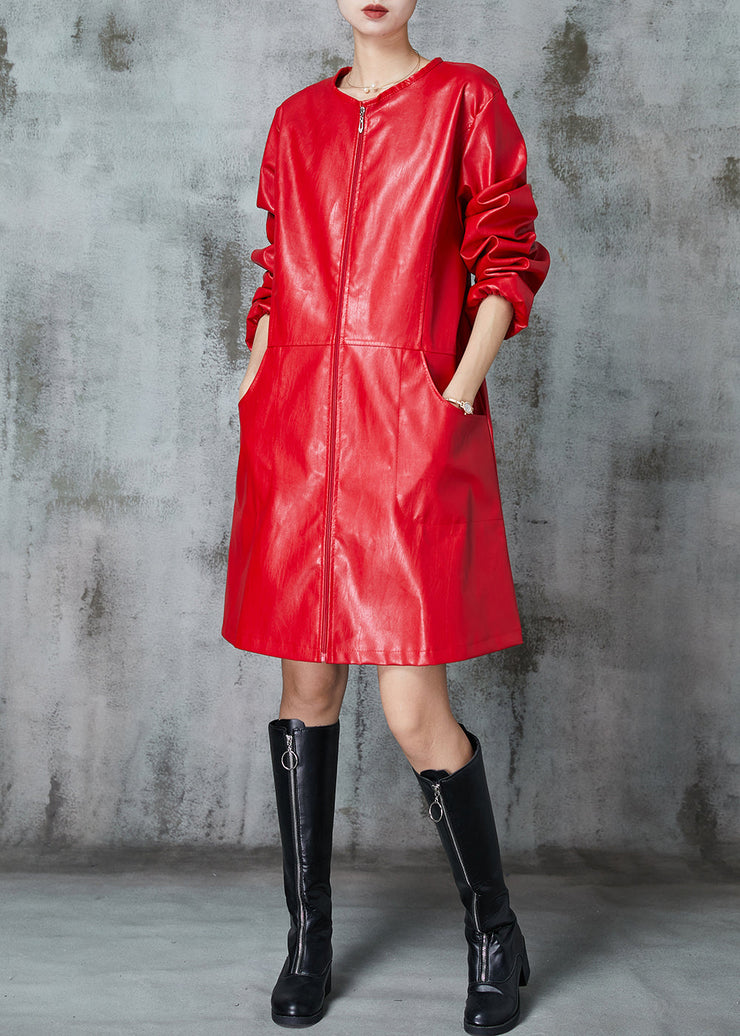 Fine Red O-Neck Patchwork Faux Leather Trench Spring