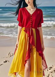 Fine Red Ruffled Patchwork Linen Beach Dress Summer