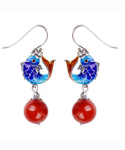 Fine Red Sterling Silver Agate Cloisonne Goldfish Drop Earrings