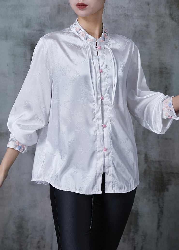 Fine White Embroidered Jacquard Silk Chinese Style Shirts Spring