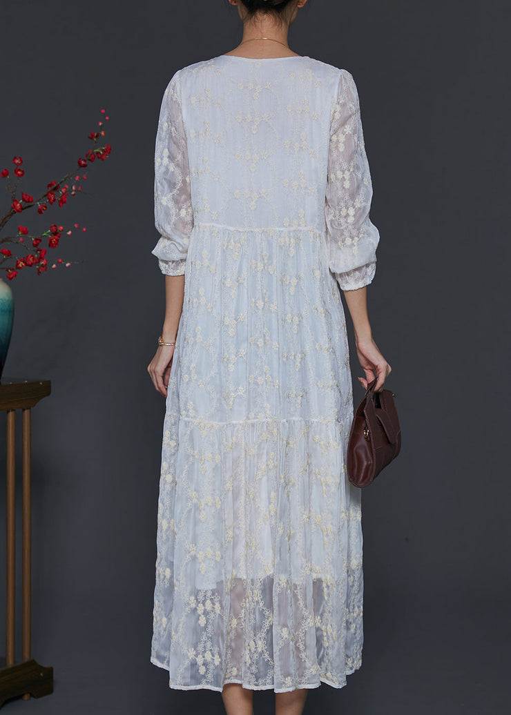 Fine White Square Colla Embroidered Silk Long Dress Spring