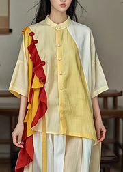 Fine Yellow Stand Collar Ruffled Patchwork Shirts Summer