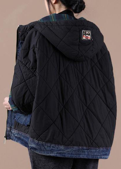 Fine black Parkas for women Loose fitting snow jackets hooded patchwork plaid winter outwear