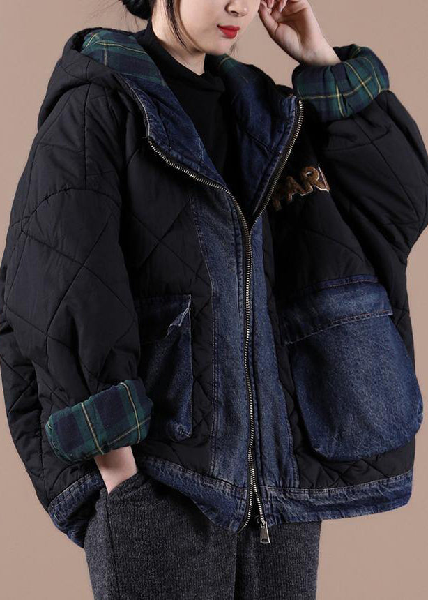 Feine schwarze Parkas für Damen Locker sitzende Schneejacken mit Kapuze, Patchwork-Karo-Winteroberbekleidung