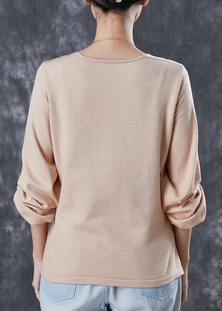 Fitted Beige Asymmetrical Cross Connection Knit Tops Spring