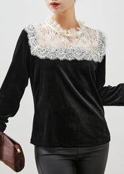 Fitted Black Lace Patchwork Silm Fit Velour Blouses Spring