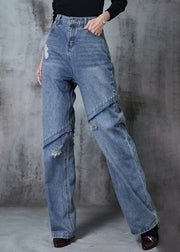 Fitted Blue Patchwork Denim Pants Ripped Jeans Fall