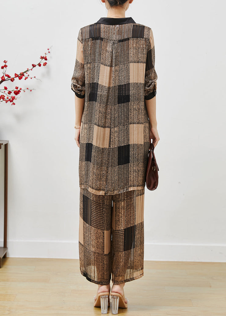 Fitted Khaki Oversized Plaid Chiffon Two Pieces Set Summer