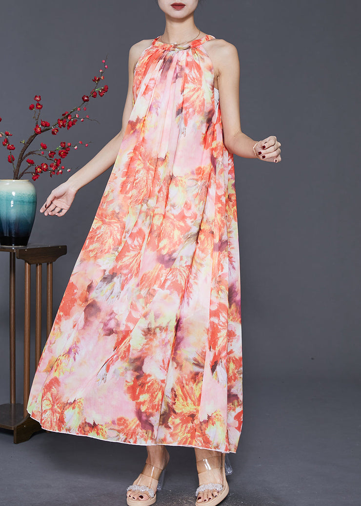 Fitted Orange Cold Shoulder Print Chiffon Long Dress Summer