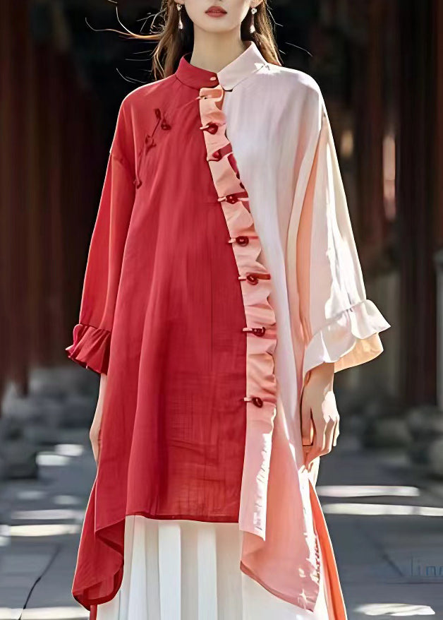 Fitted Pink Stand Collar Ruffled Button Long Dress Long Sleeve