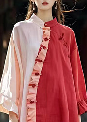 Fitted Pink Stand Collar Ruffled Button Long Dress Long Sleeve