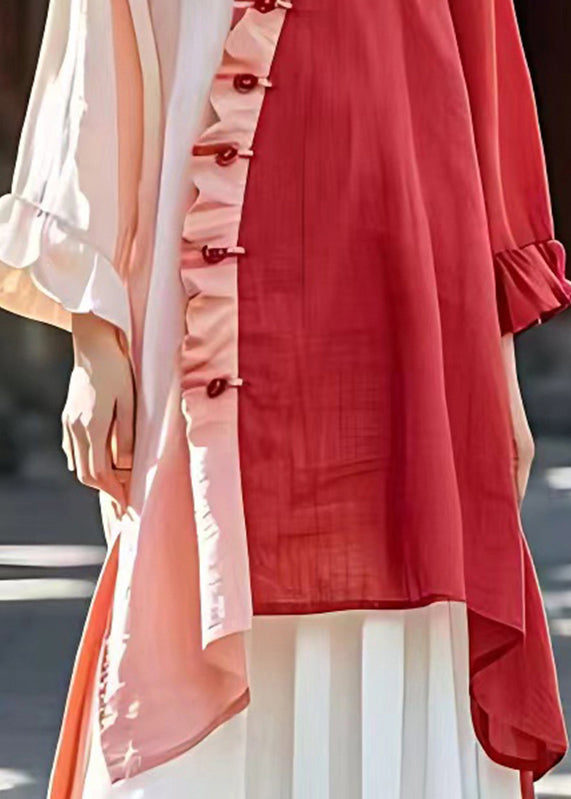 Fitted Pink Stand Collar Ruffled Button Long Dress Long Sleeve