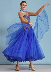 Fitted Royal Blue Zircon Tulle Patchwork Dance Dress Long Sleeve