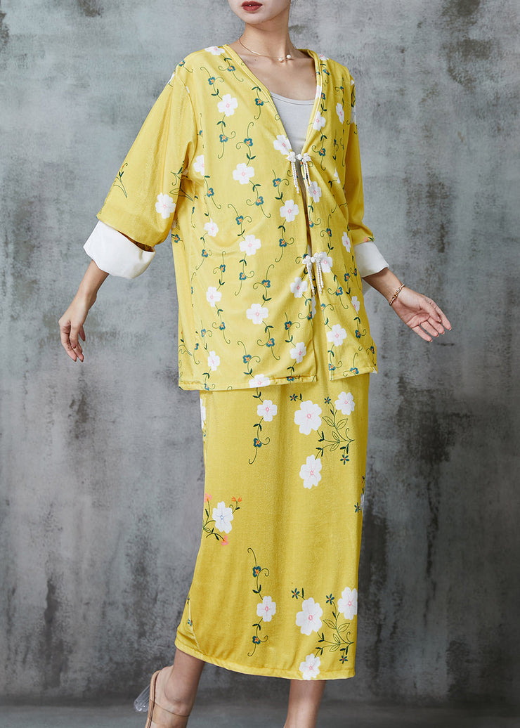 Fitted Yellow Tasseled Floral Silk Velvet Two Pieces Set Spring