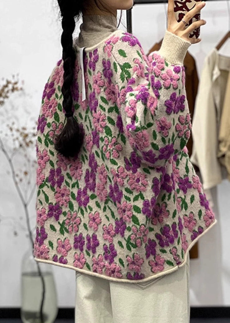 Floral Light Purple O Neck Button Cotton Knit Coat Long Sleeve